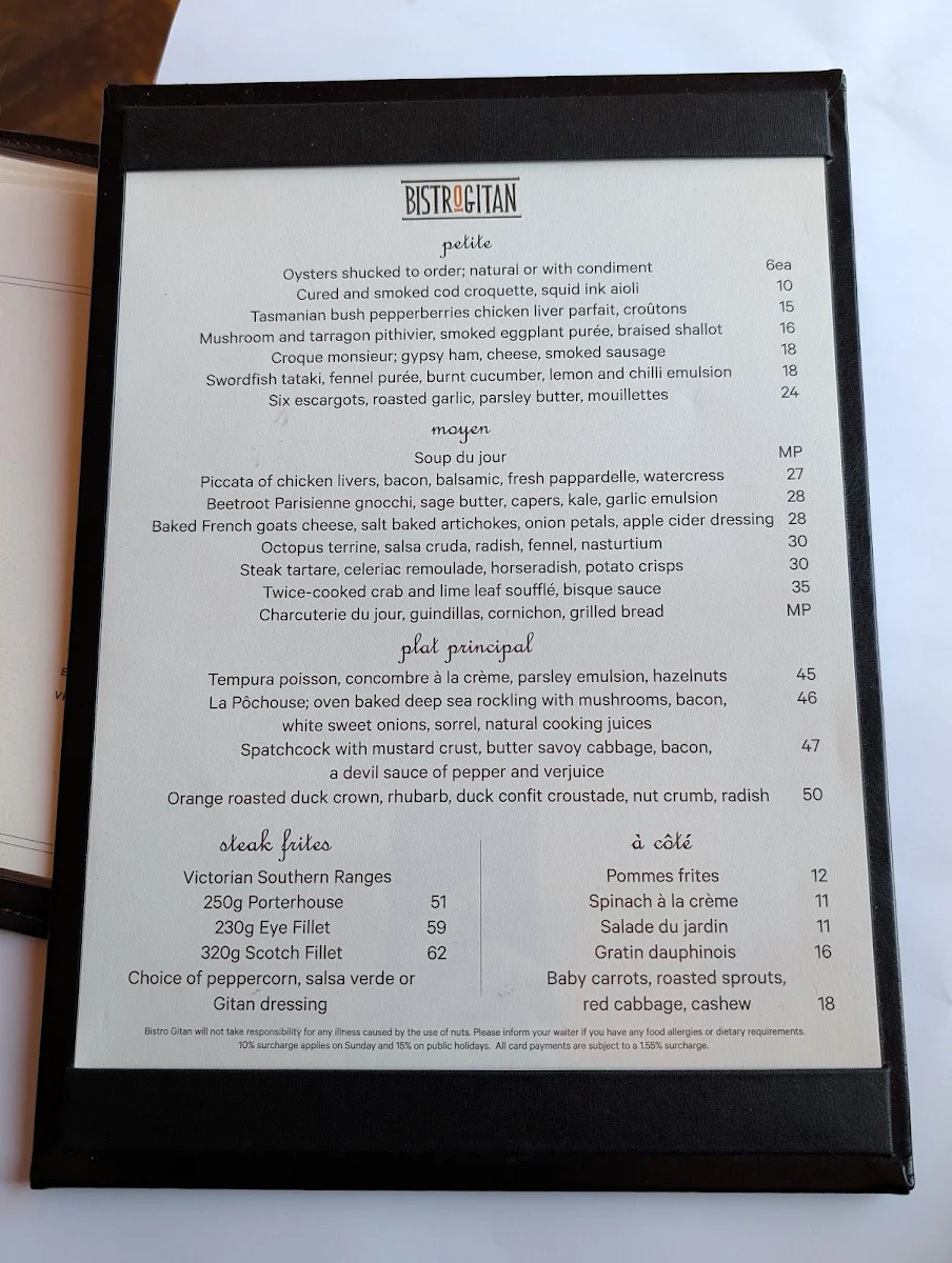 Menu, Bistro Gitan