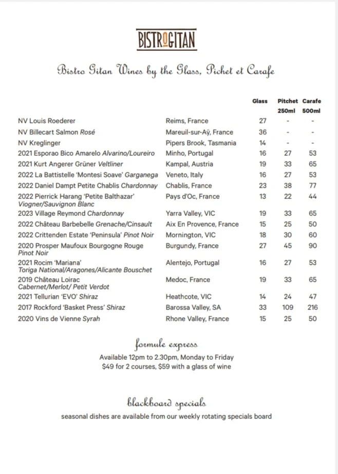 Menu, Bistro Gitan