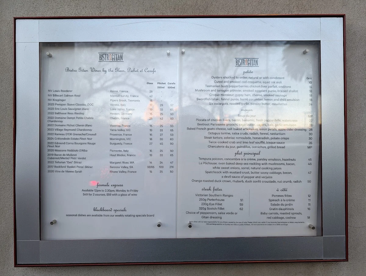 Menu, Bistro Gitan