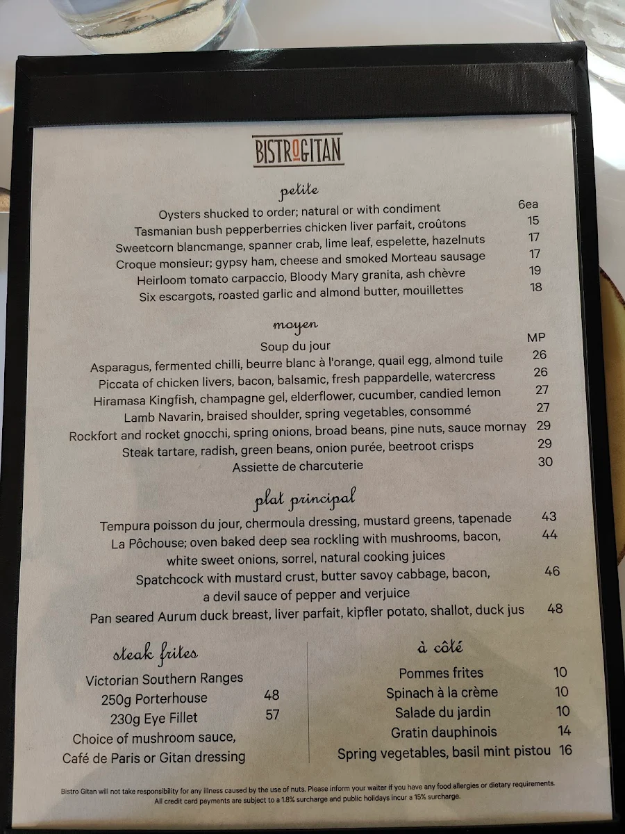 Menu, Bistro Gitan