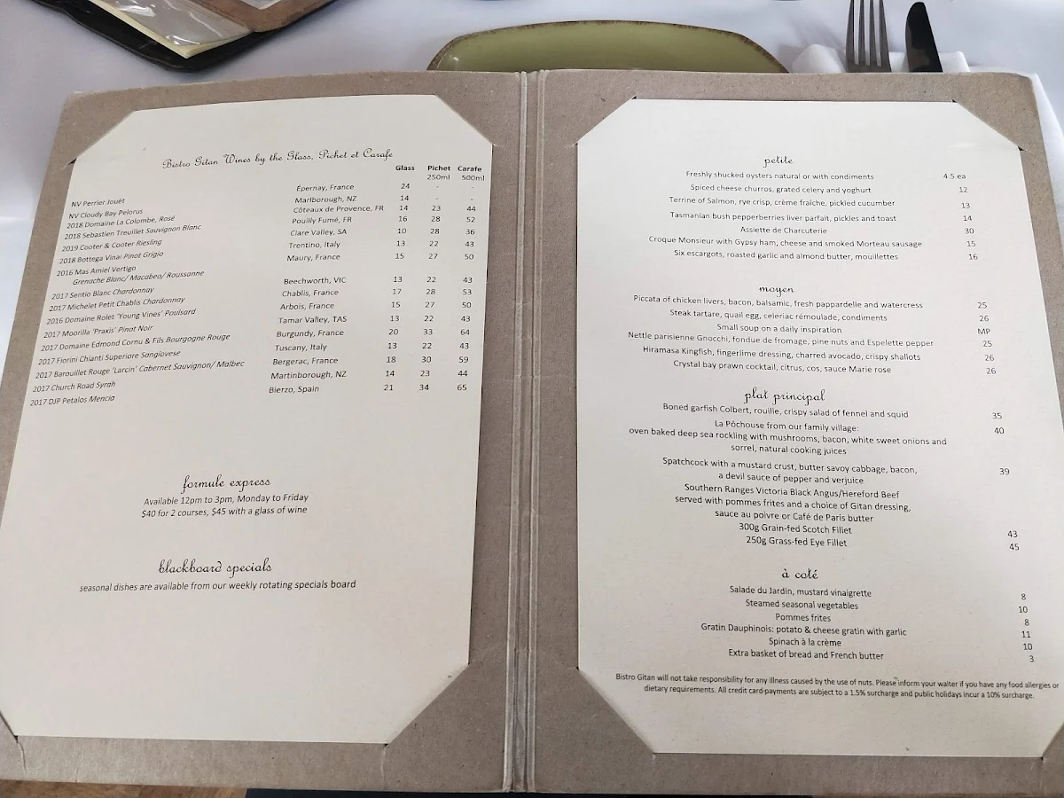 Menu, Bistro Gitan