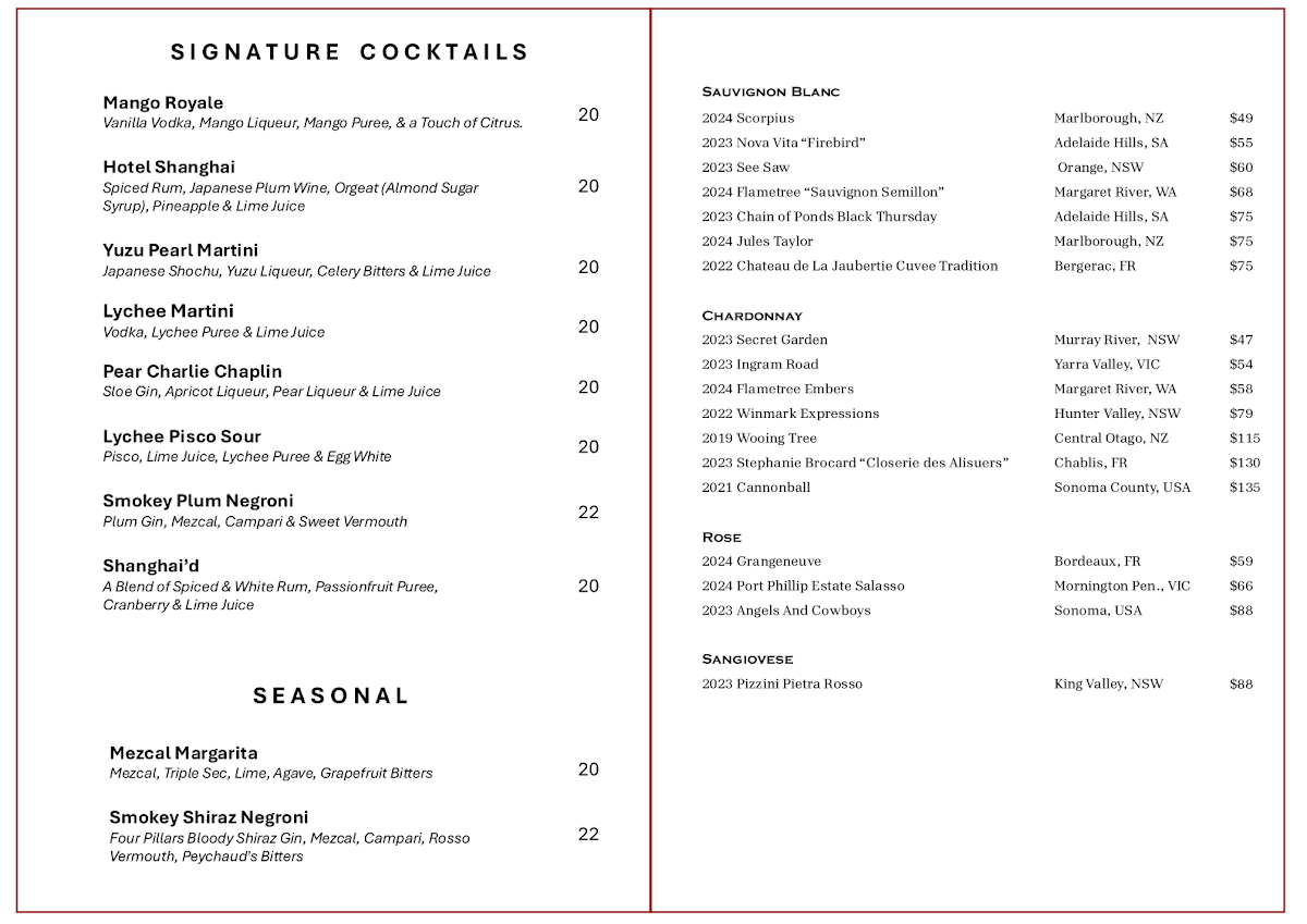 Menu, Shanghai Club Restaurant & Cocktail Bar