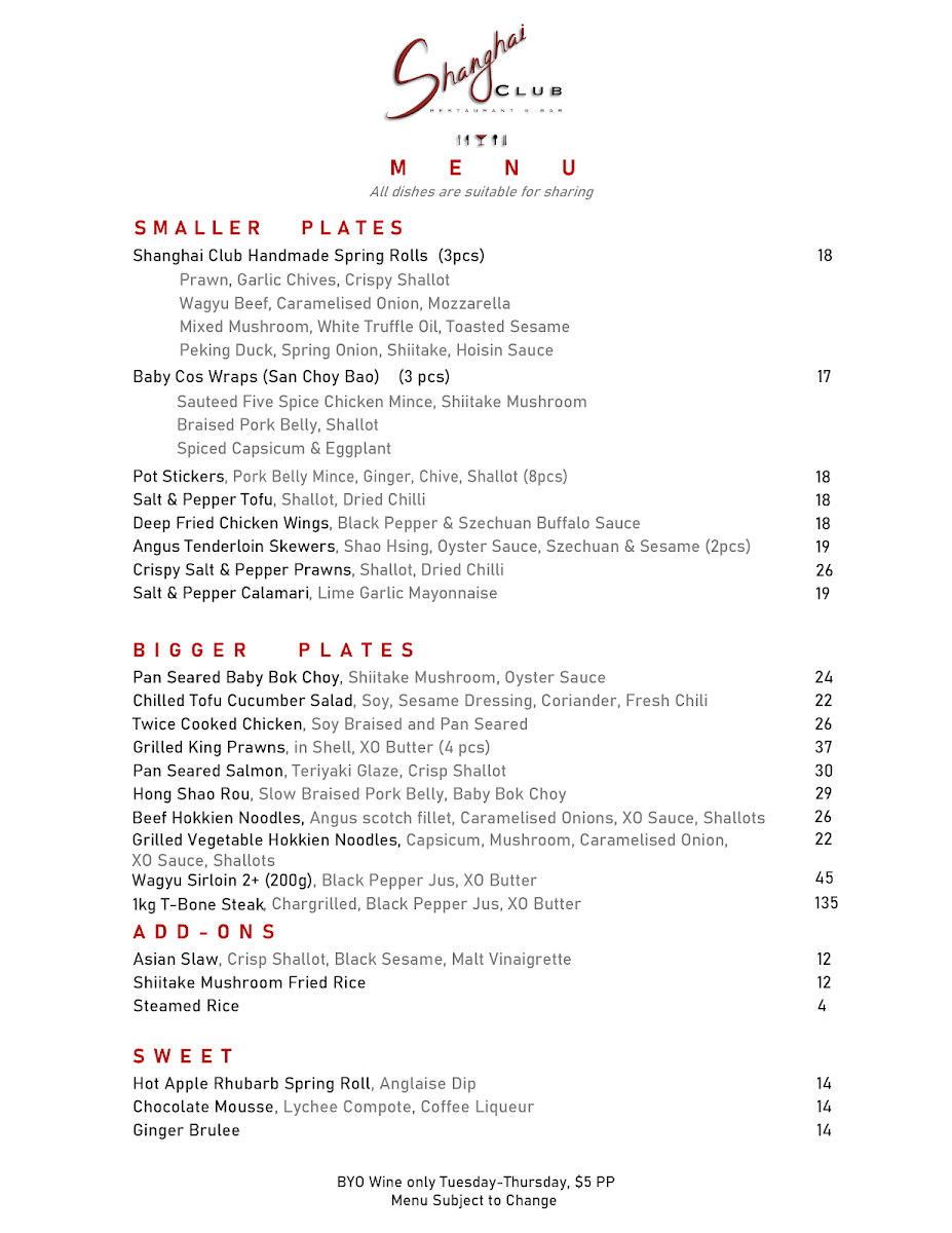 Menu, Shanghai Club Restaurant & Cocktail Bar