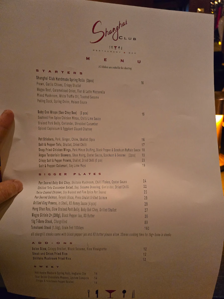 Menu, Shanghai Club Restaurant & Cocktail Bar