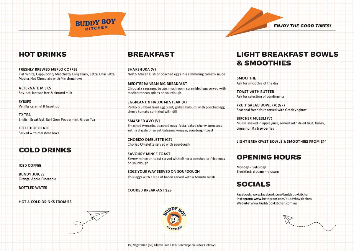 Menu, Buddy Boy Kitchen Mackay