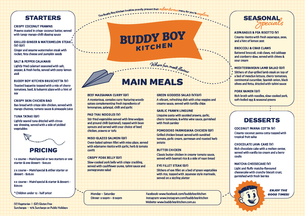 Menu, Buddy Boy Kitchen Mackay