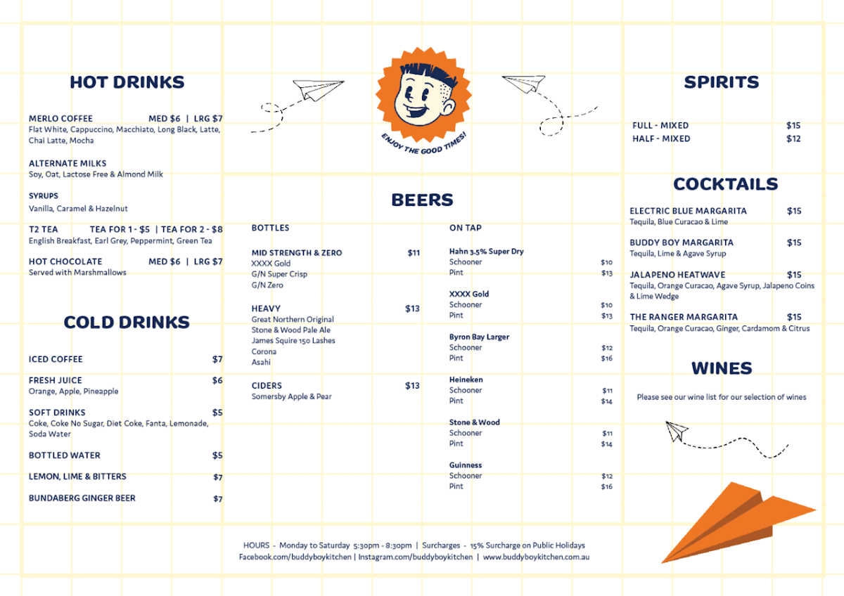 Menu, Buddy Boy Kitchen Mackay