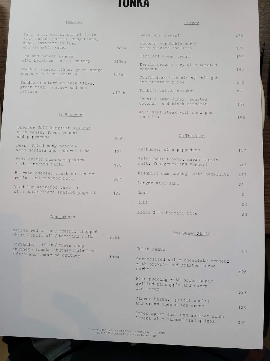 Menu, Tonka