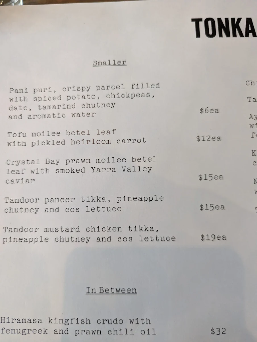 Menu, Tonka