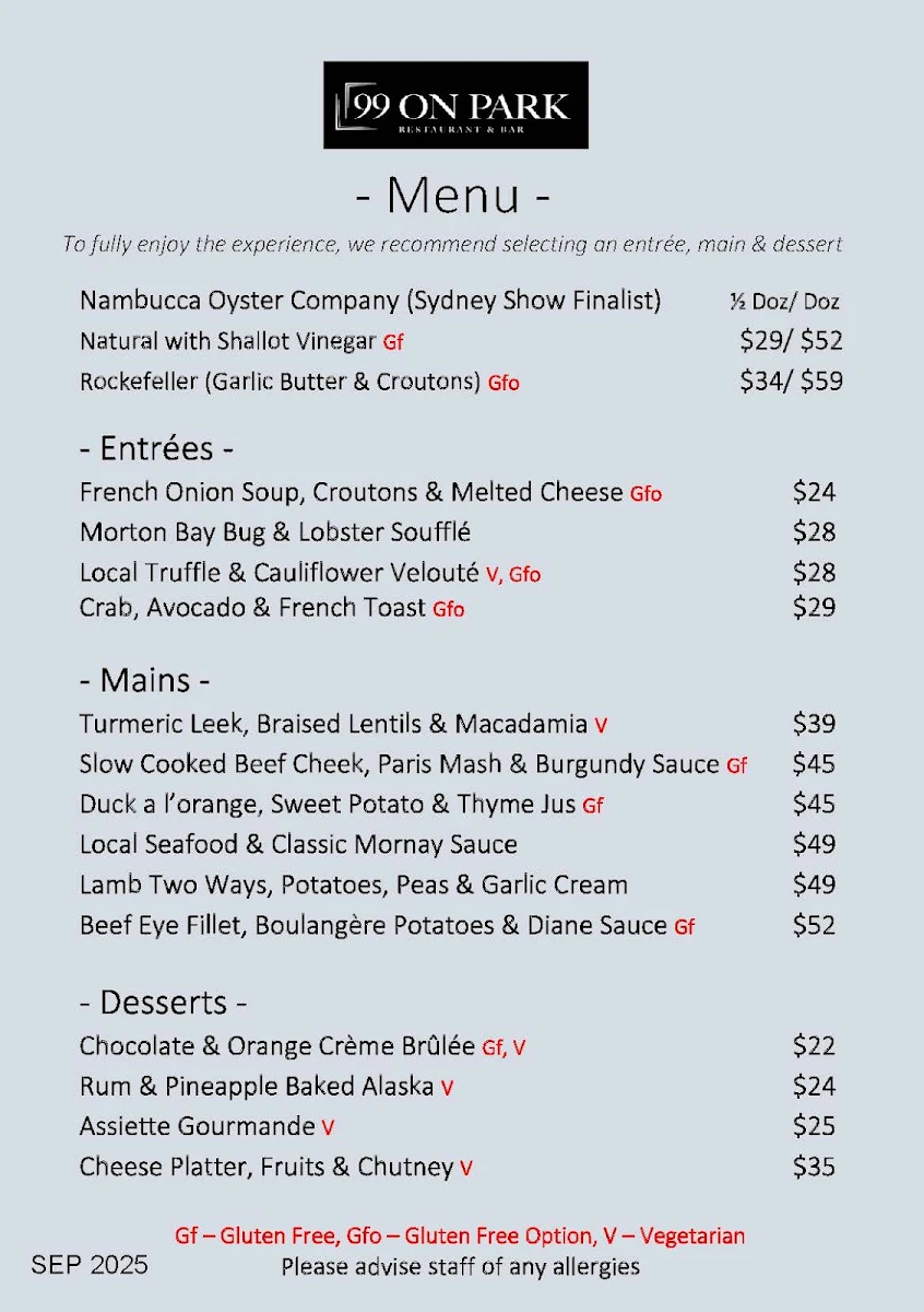 Menu, 99 On Park Restaurant & Bar