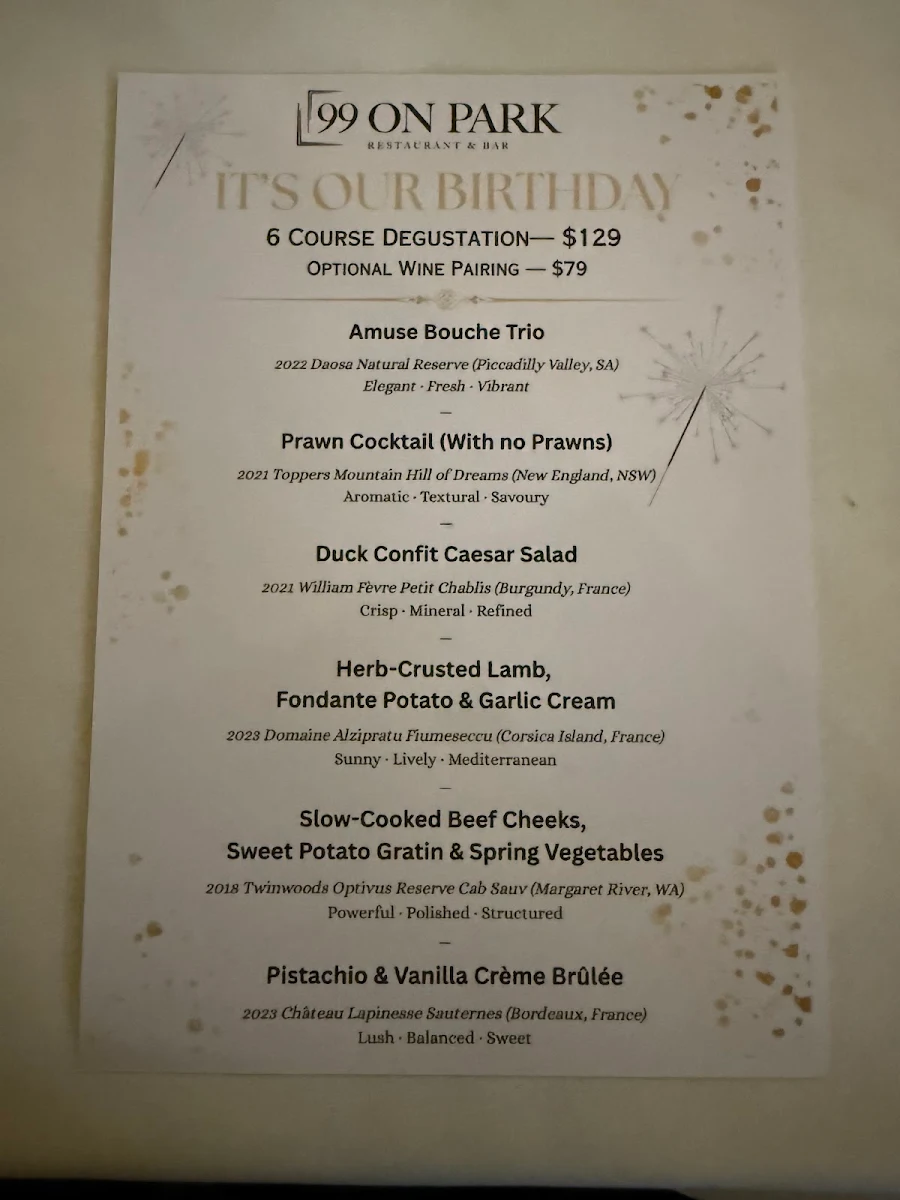 Menu, 99 On Park Restaurant & Bar