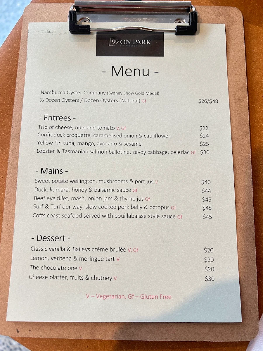 Menu, 99 On Park Restaurant & Bar