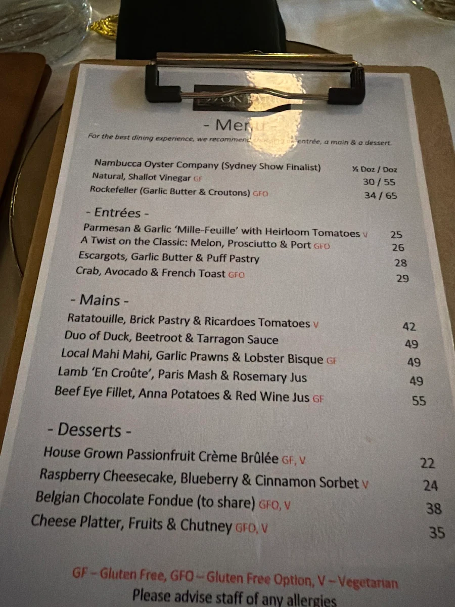 Menu, 99 On Park Restaurant & Bar
