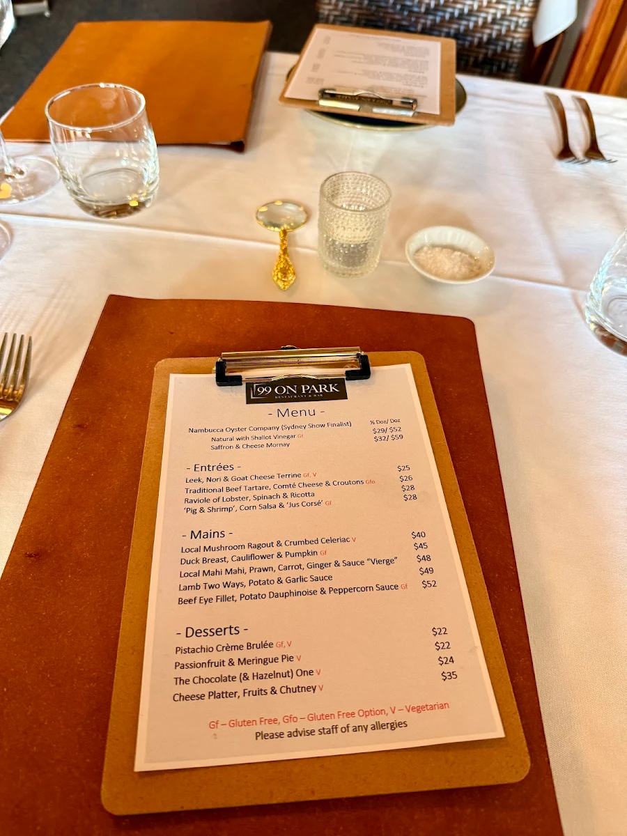 Menu, 99 On Park Restaurant & Bar