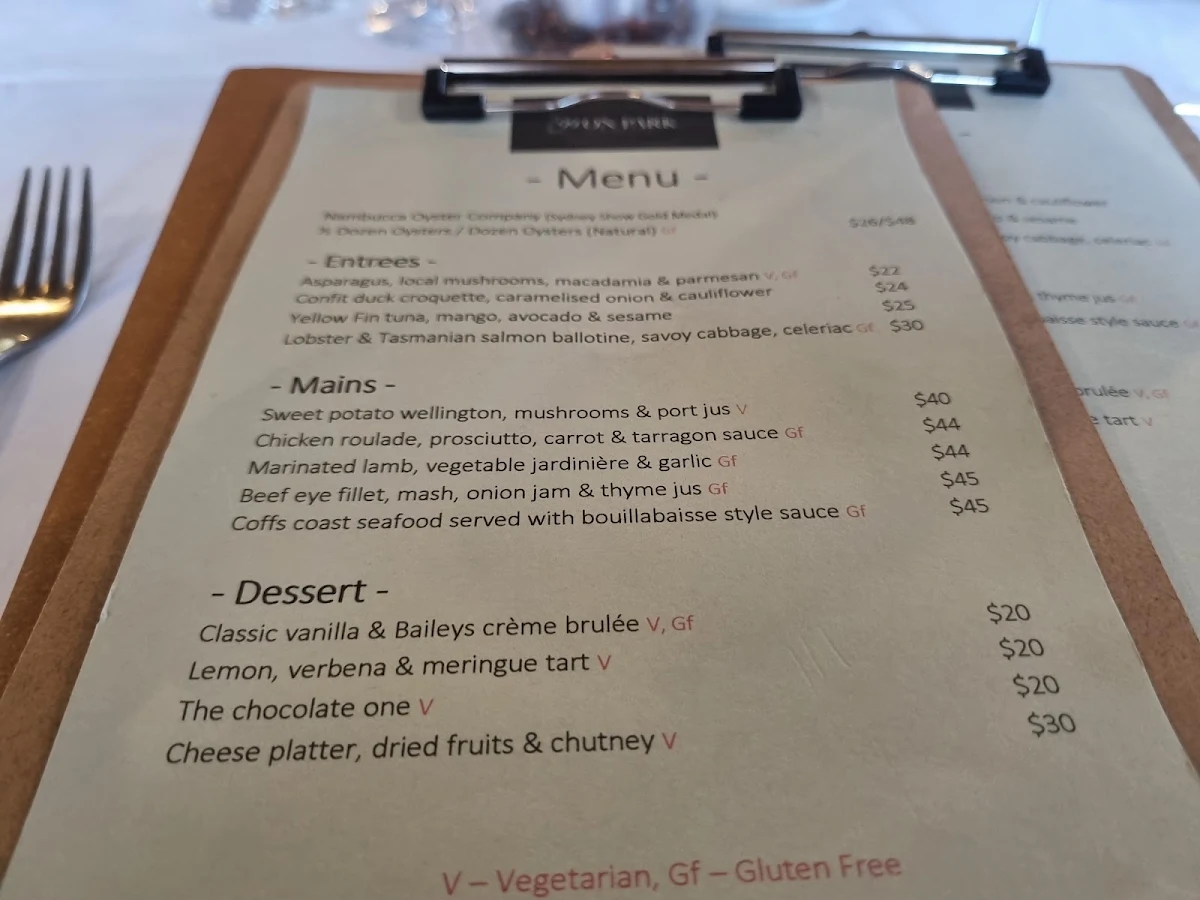 Menu, 99 On Park Restaurant & Bar