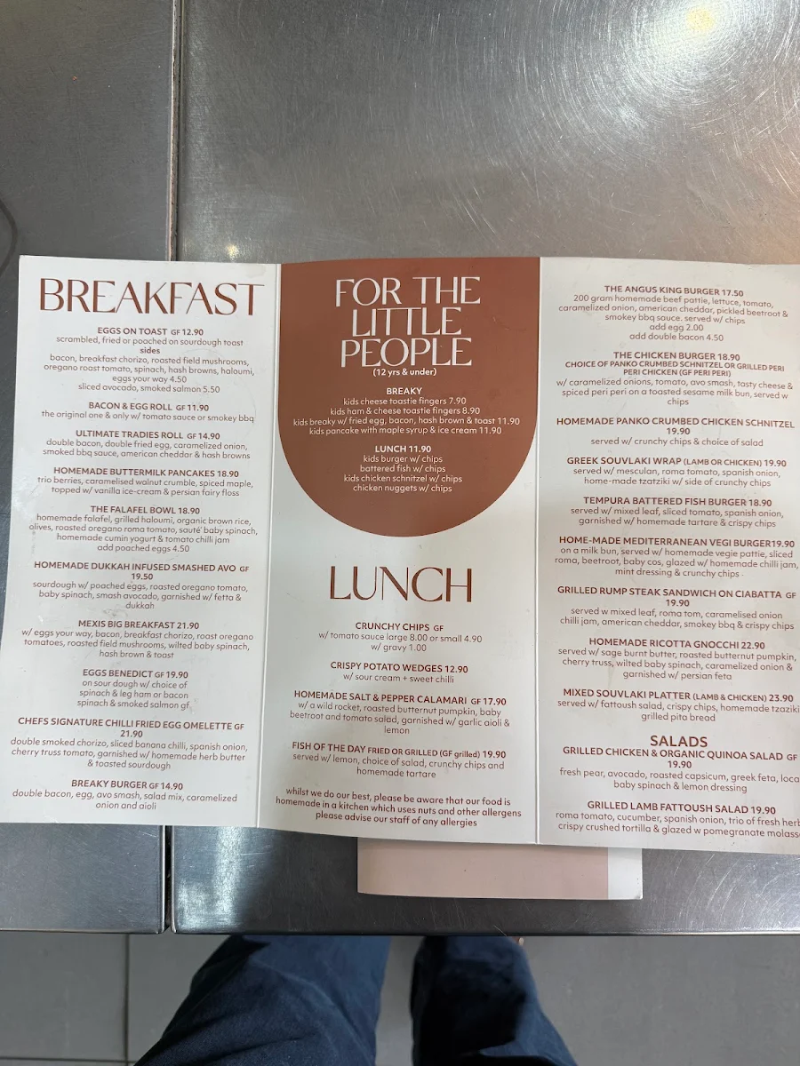 Menu, Mexis Cafe