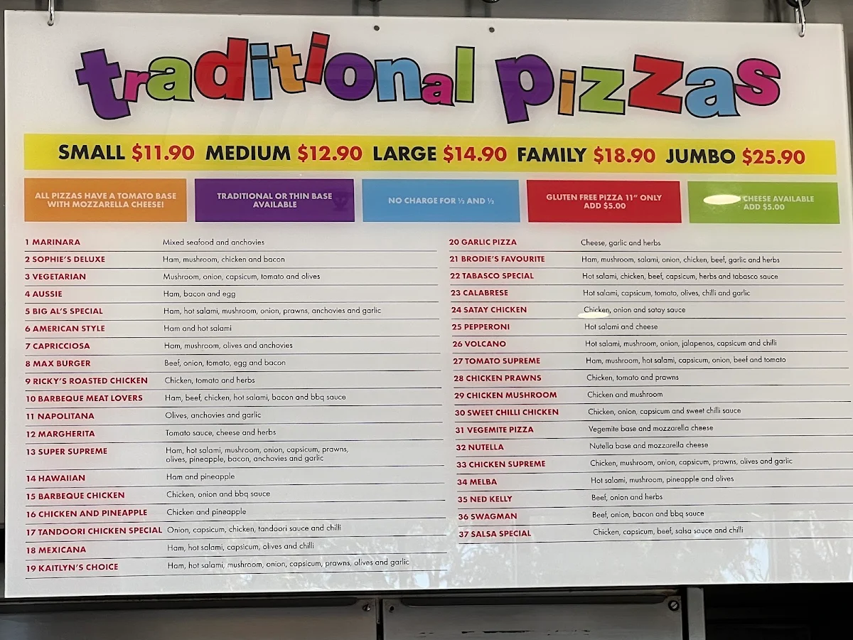 Menu, Big Al's Pizza - Rowville