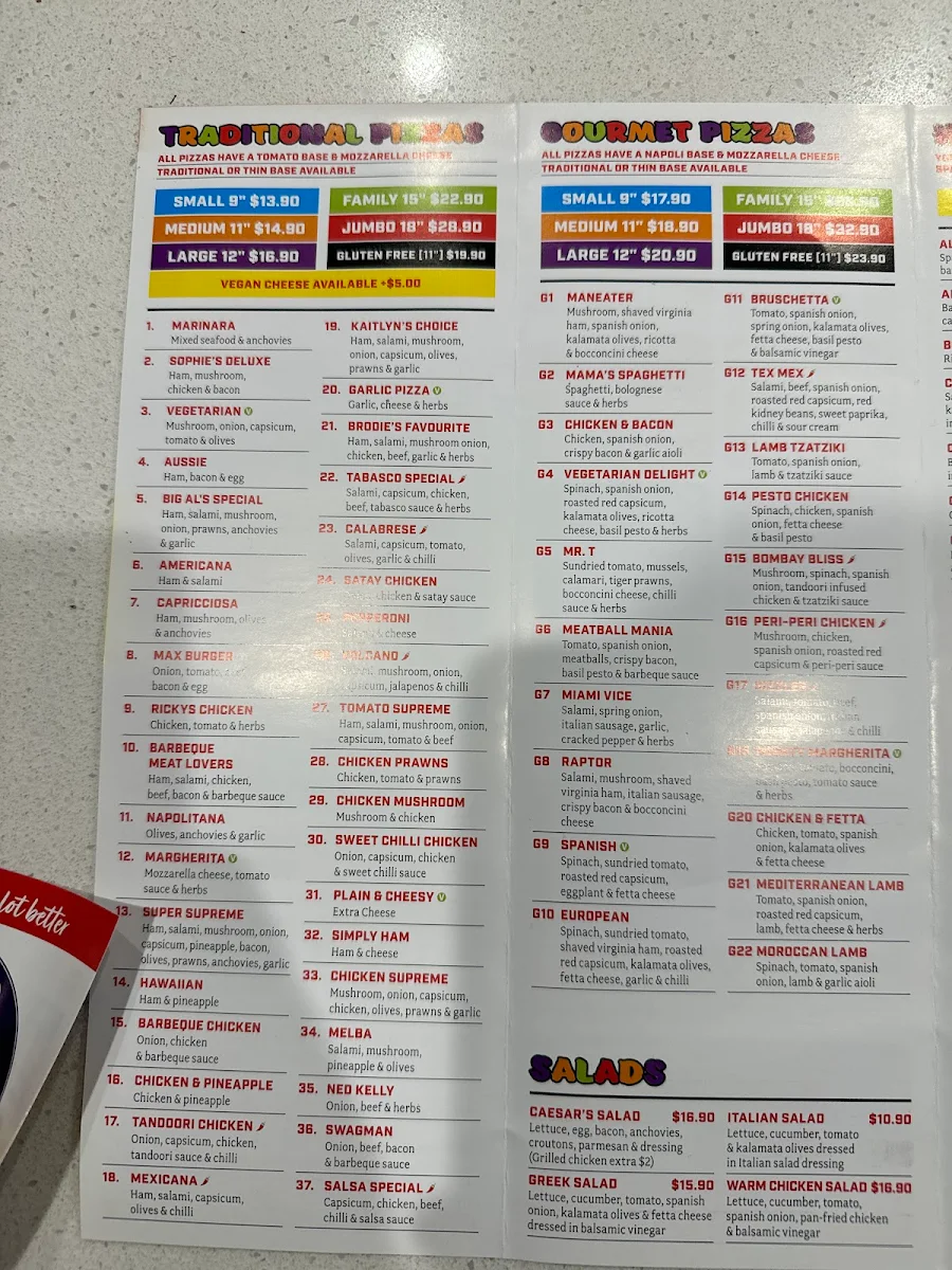 Menu, Big Al's Pizza - Rowville