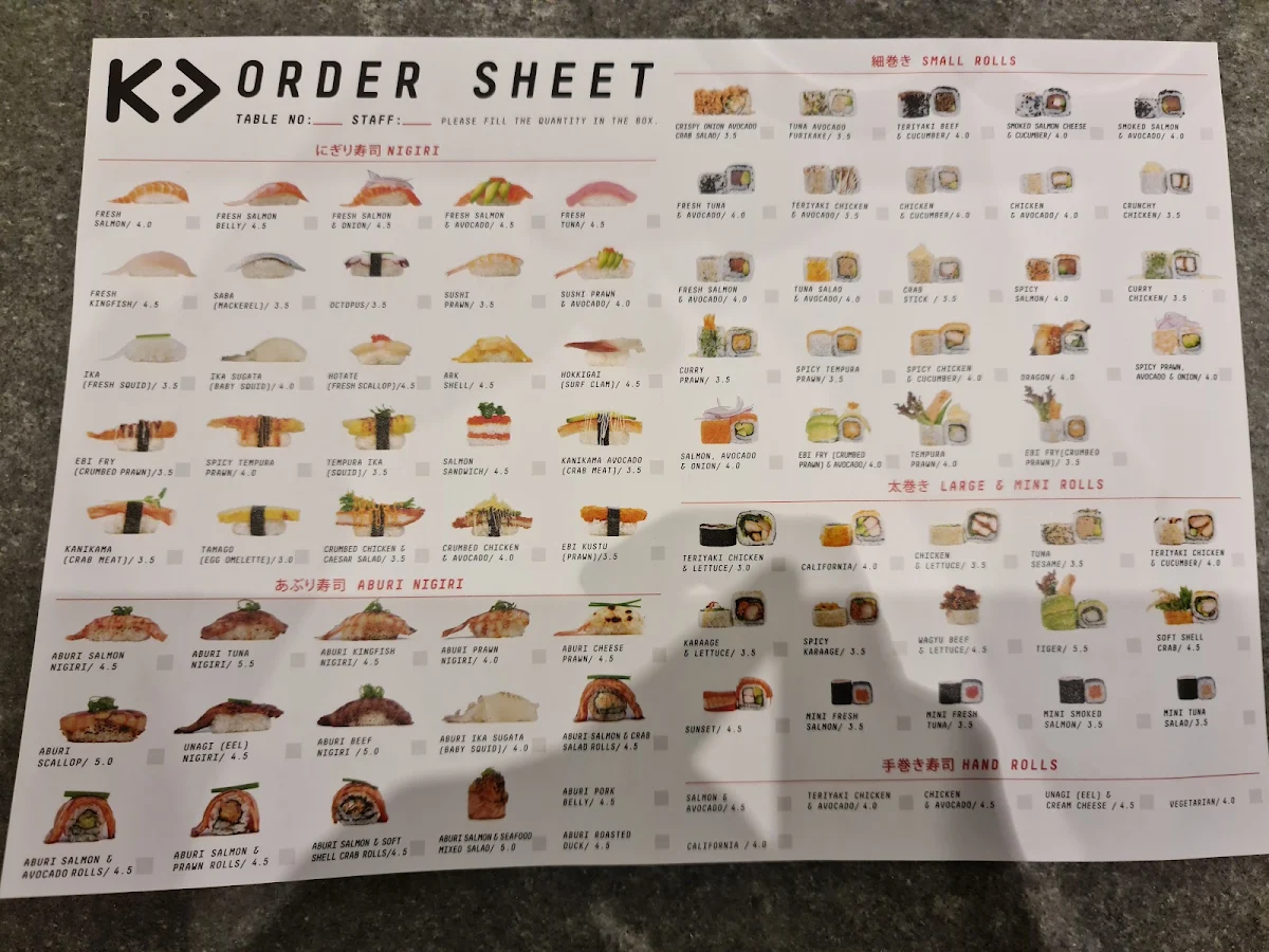 Menu, Kintaro Sushi