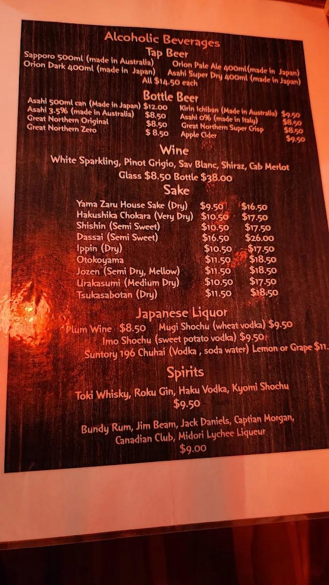 Menu, Yama Zaru Izakaya