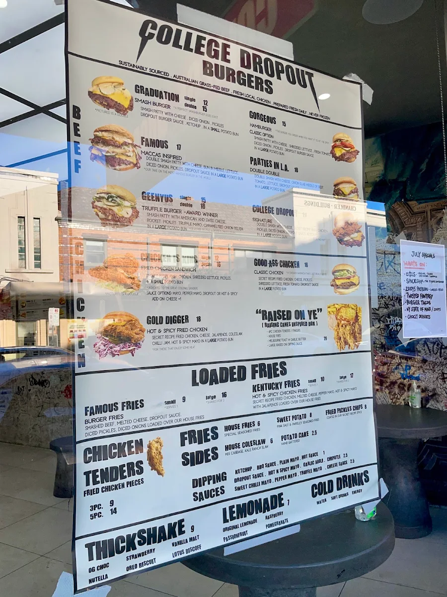 Menu, College Dropout Burgers (Ivanhoe)