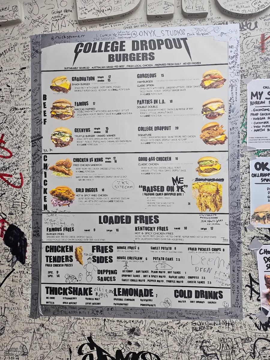 Menu, College Dropout Burgers (Ivanhoe)