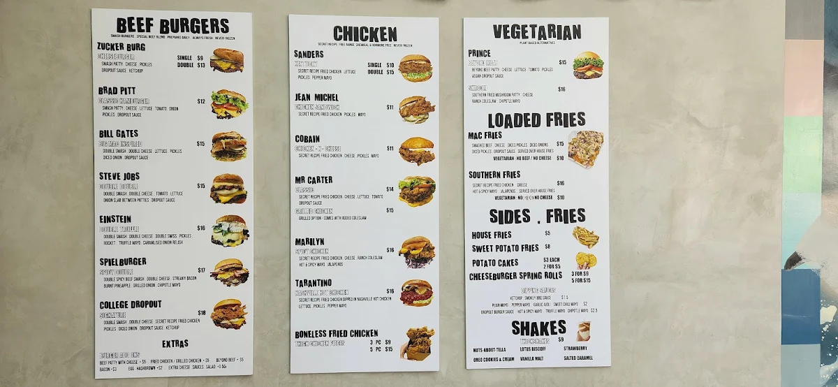 Menu, College Dropout Burgers (Ivanhoe)