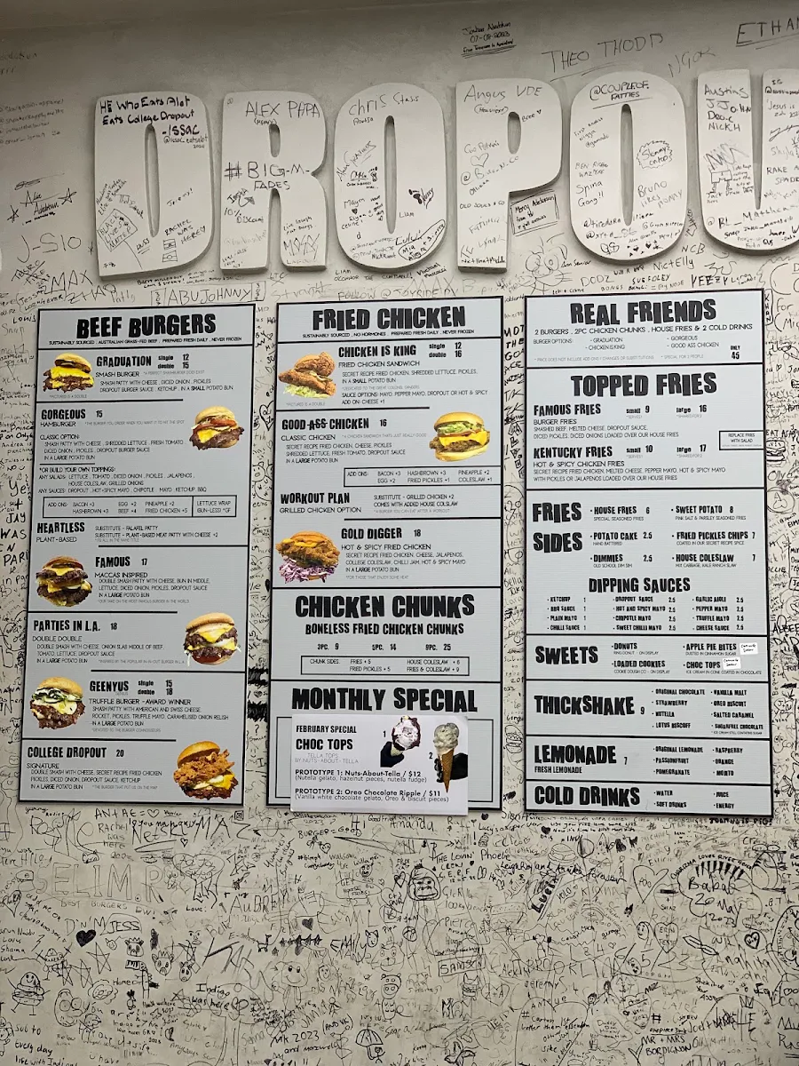 Menu, College Dropout Burgers (Ivanhoe)