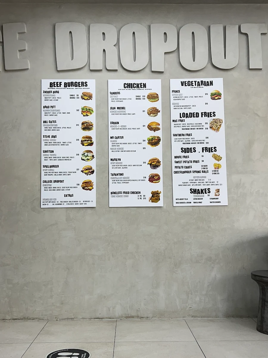 Menu, College Dropout Burgers (Ivanhoe)