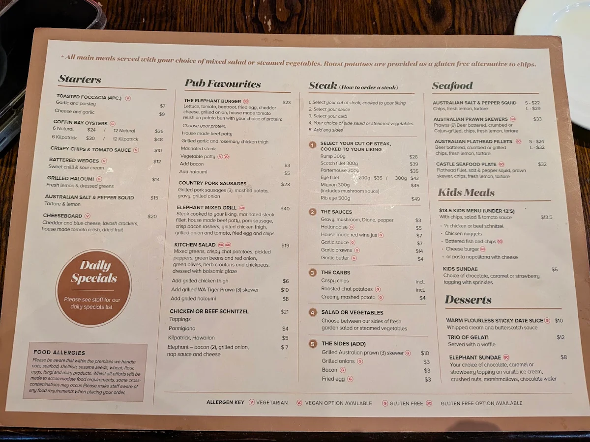 Menu, Elephant & Castle Hotel