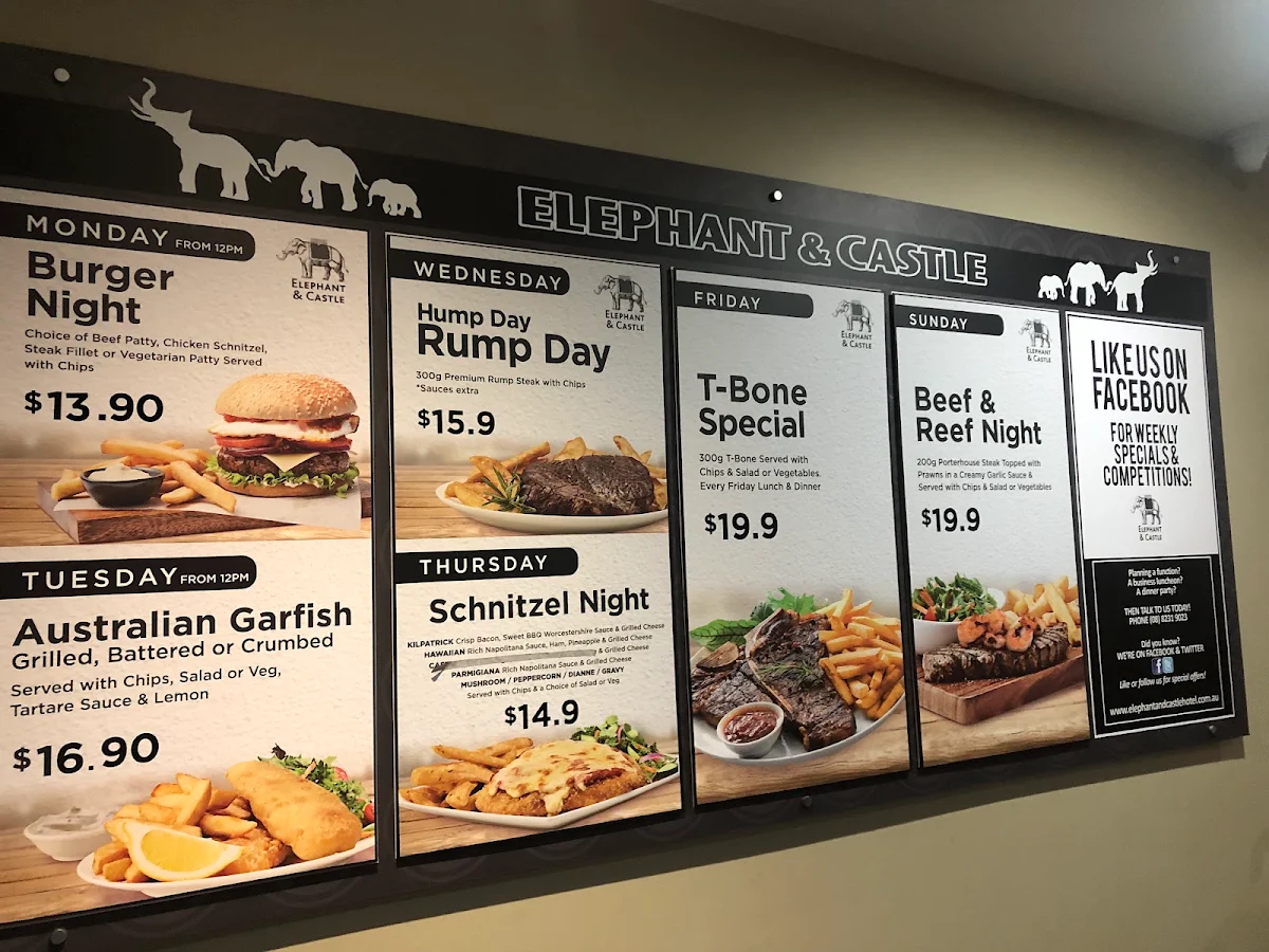 Menu, Elephant & Castle Hotel