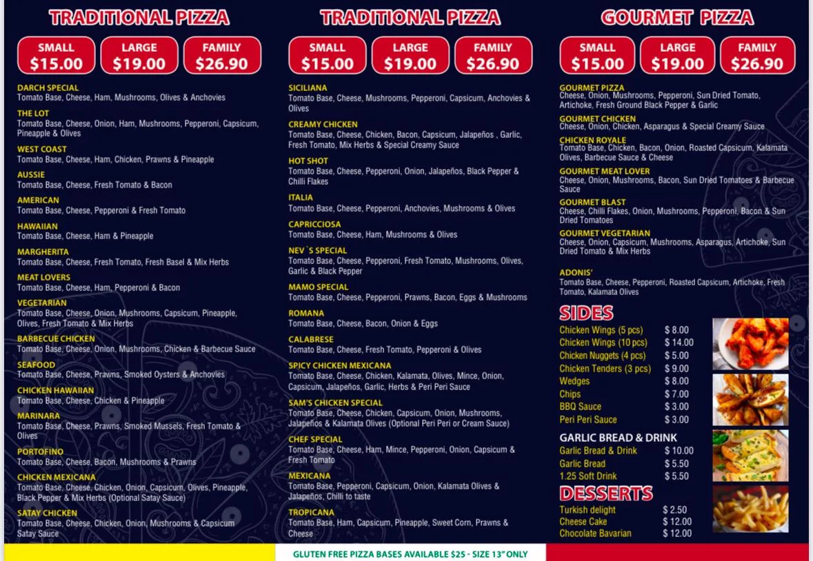 Menu, Darch Pizza House