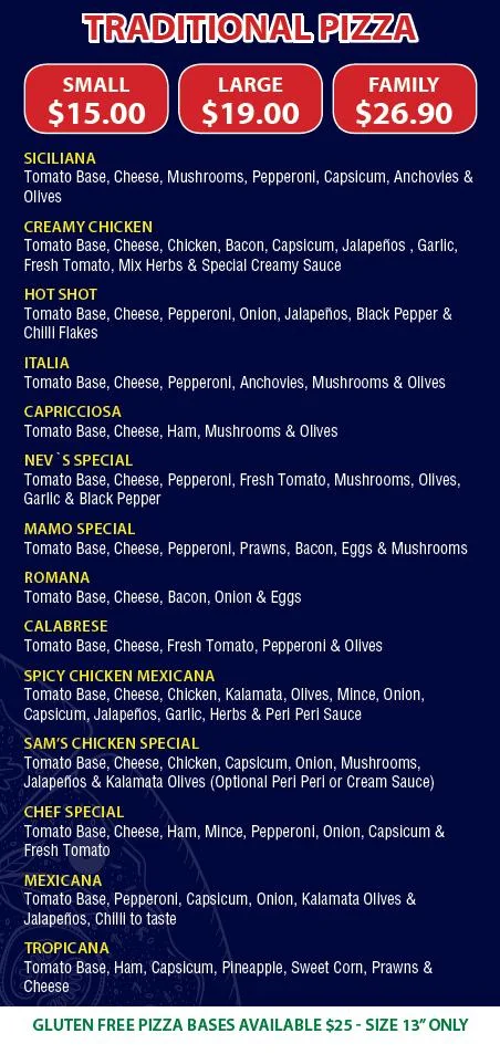 Menu, Darch Pizza House
