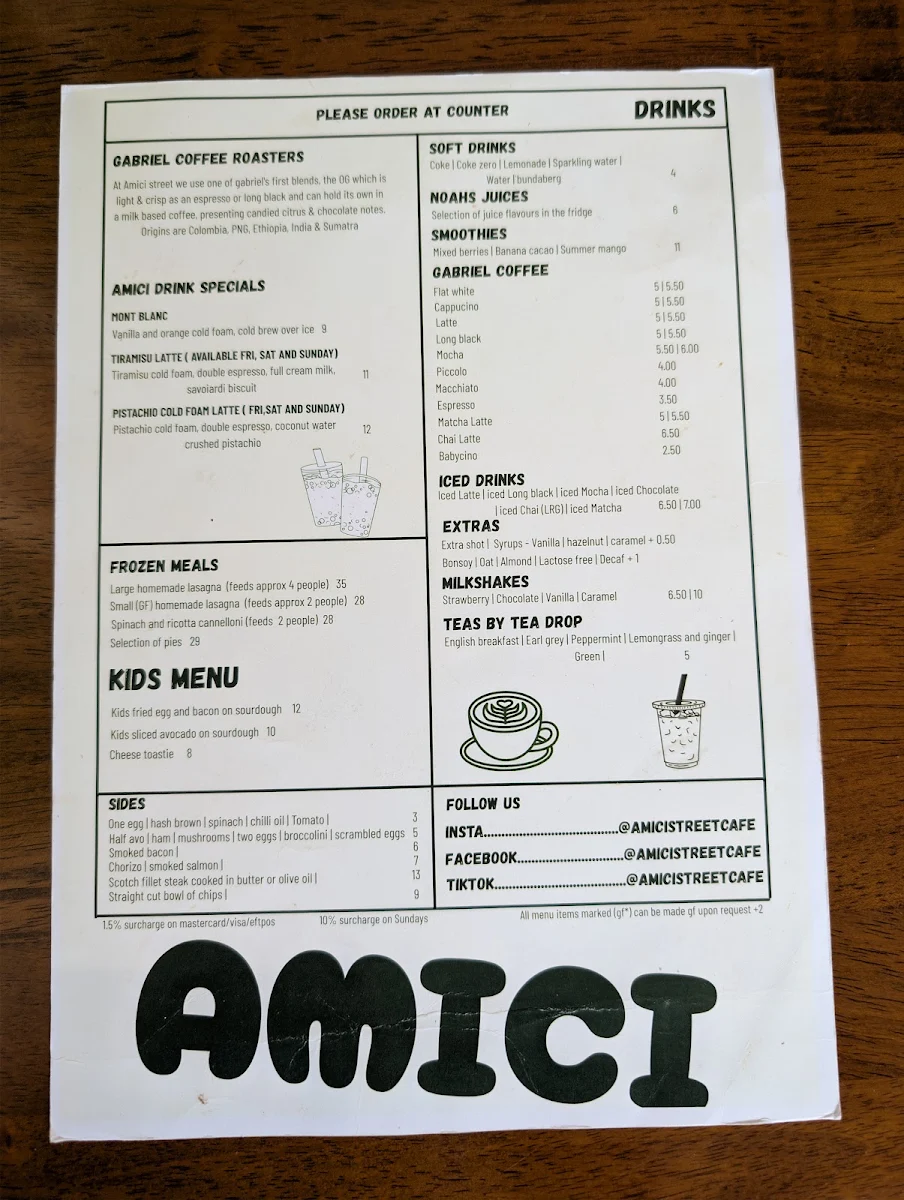 Menu, Amici Street Cafe