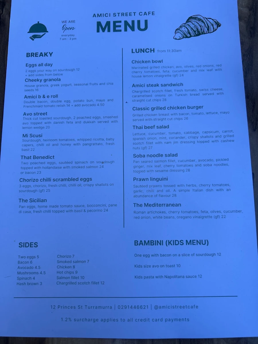 Menu, Amici Street Cafe