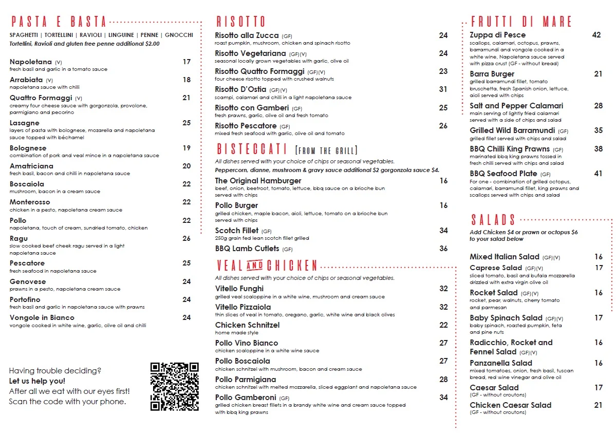 Menu, The Italian Bistro