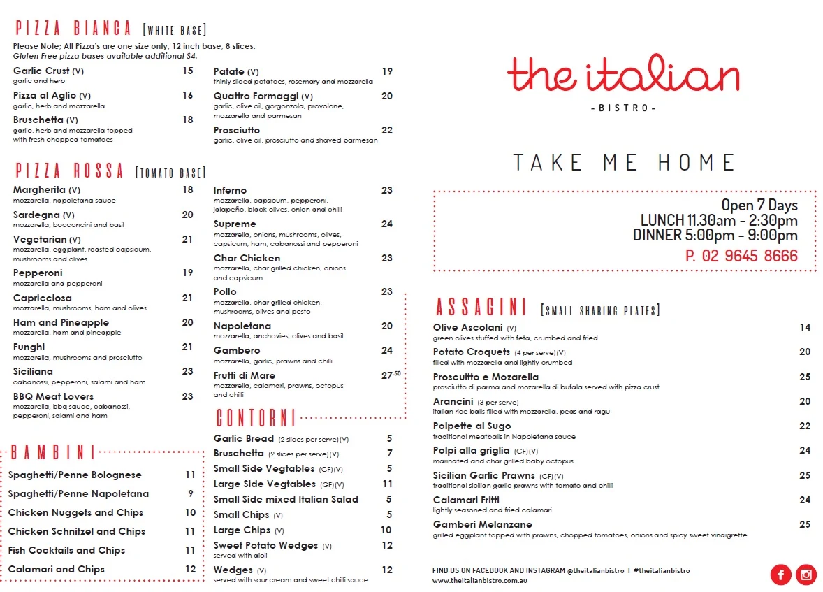 Menu, The Italian Bistro
