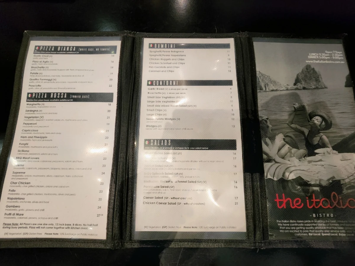 Menu, The Italian Bistro