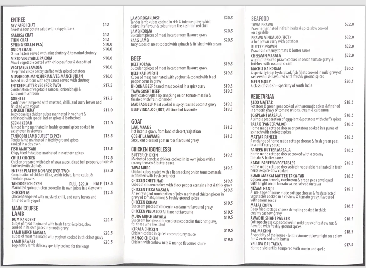 Menu, Masala Hut