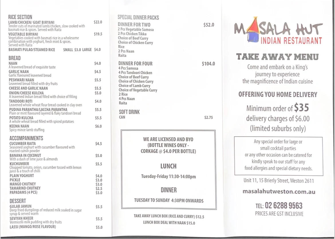Menu, Masala Hut