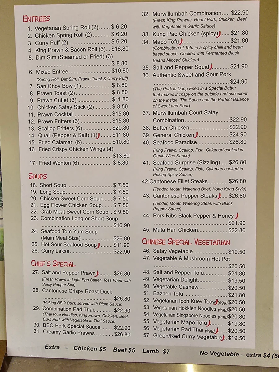Menu, Murwillumbah Court Chinese Restaurant