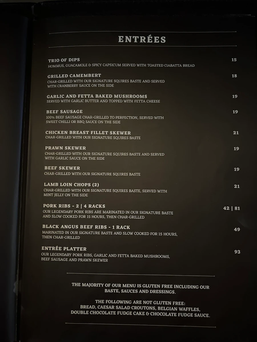 Menu, Squires Loft Sunbury