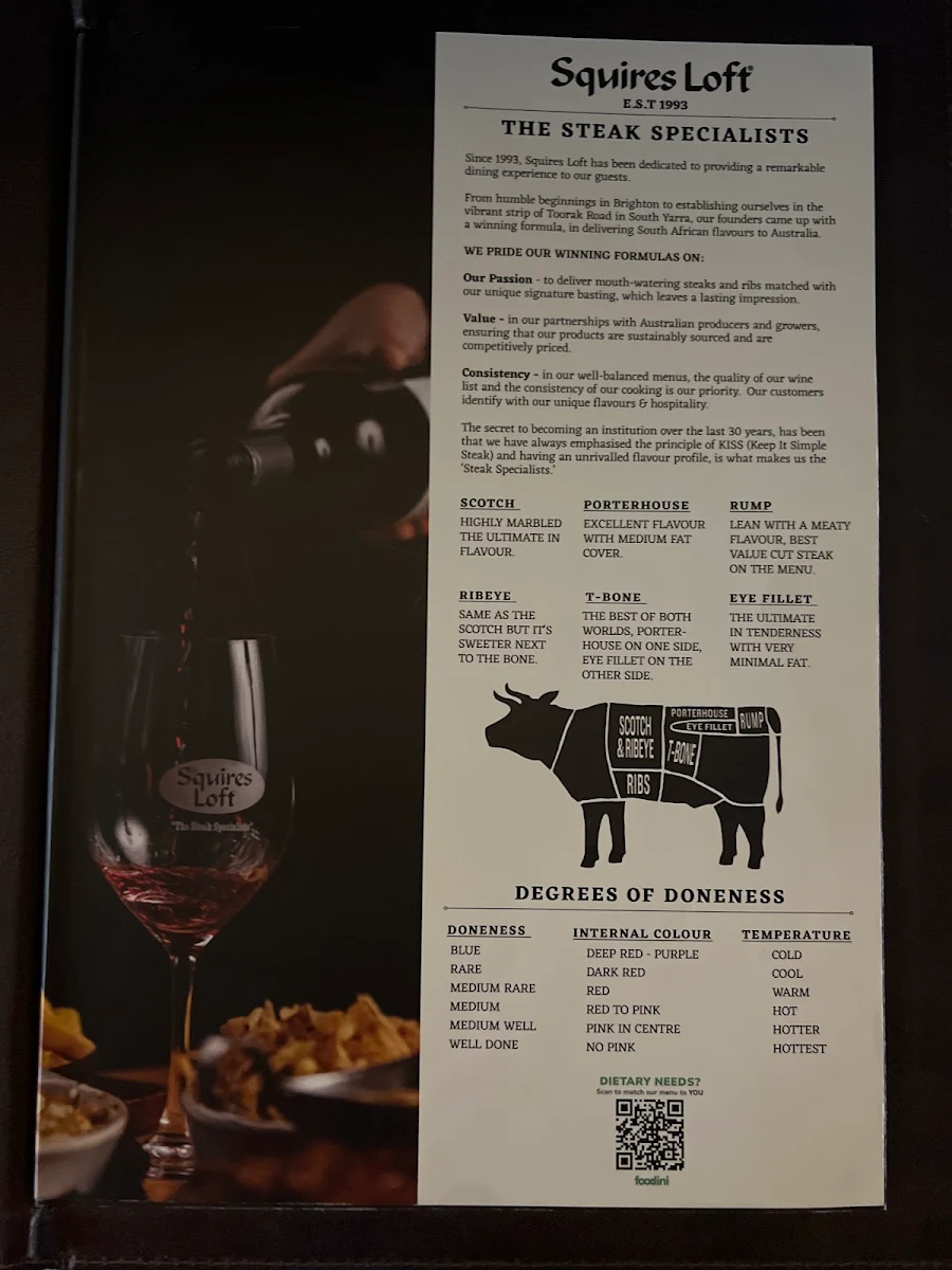 Menu, Squires Loft Sunbury