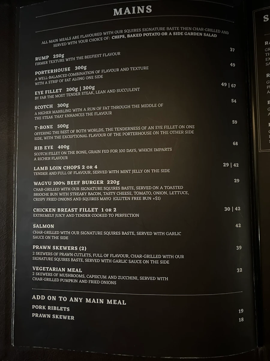 Menu, Squires Loft Sunbury