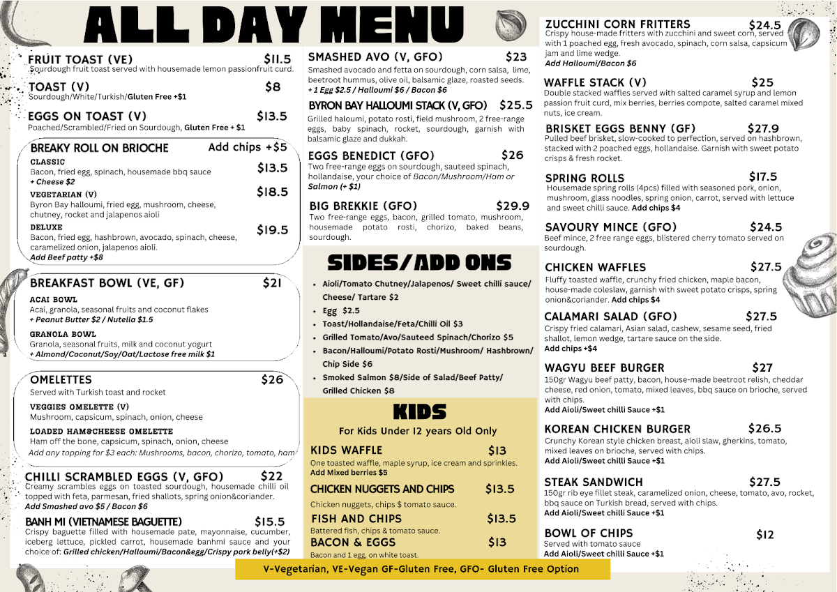 Menu, Cafe All Sorts Kirra