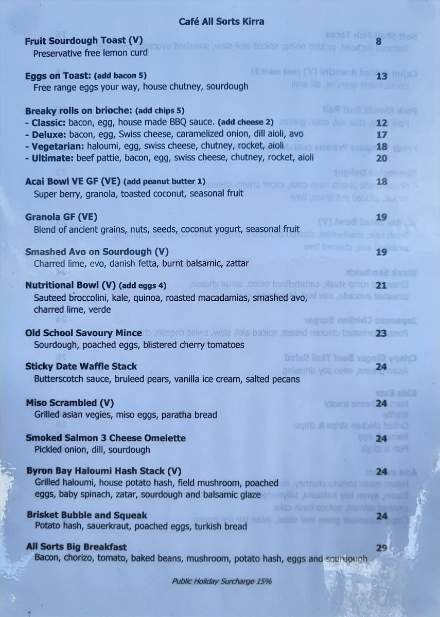 Menu, Cafe All Sorts Kirra