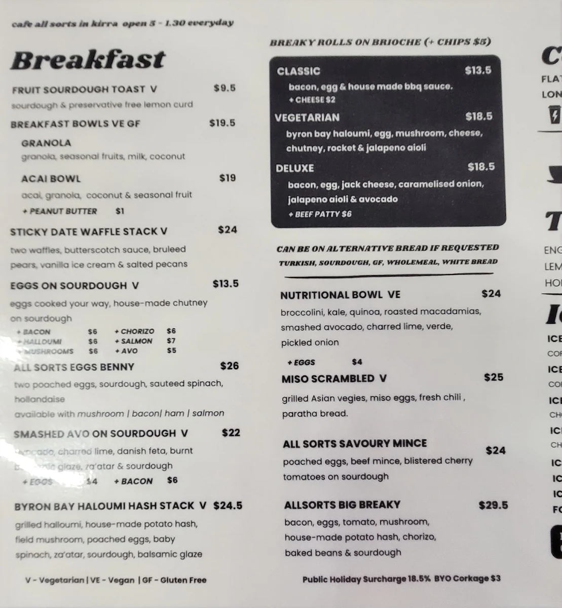 Menu, Cafe All Sorts Kirra