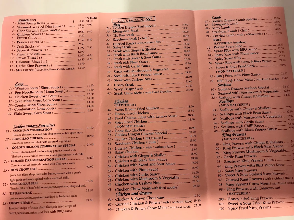 Menu, Golden Dragon Chinese Restaurant
