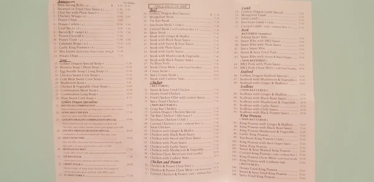 Menu, Golden Dragon Chinese Restaurant