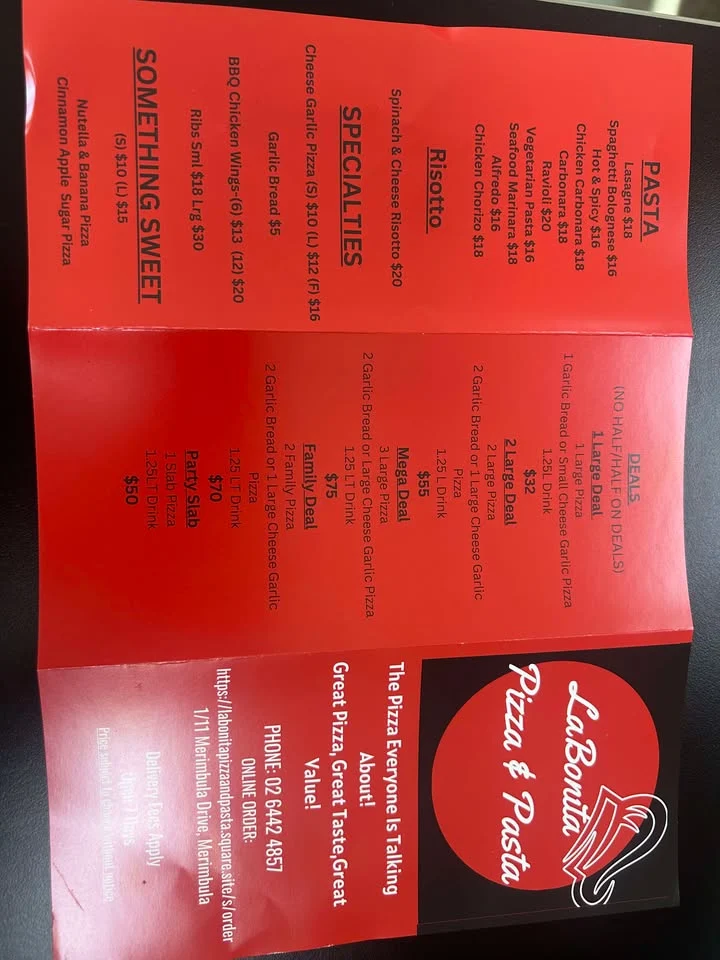 Menu, LaBonita Pizza & Pasta